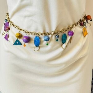 VTG BOHO Colorful Brass Chain Dangle Belt Necklace Cha cha Glass Chunky Retro